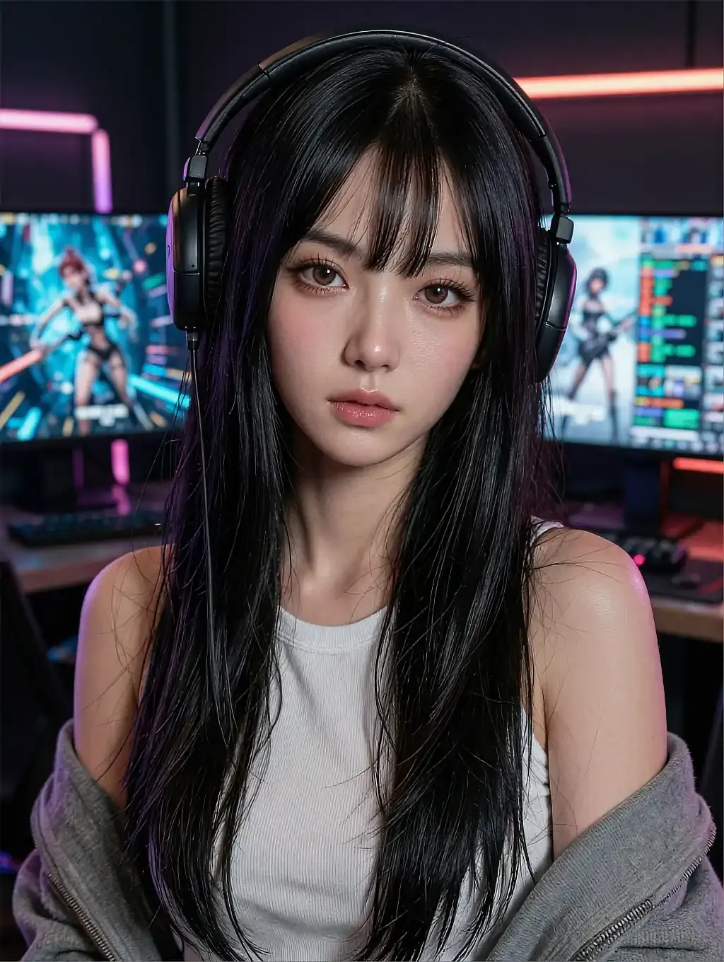 Fictional AI character built voice-first, photographed at a dark window