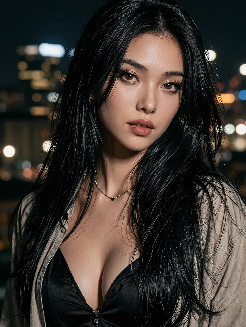 Preview card of a fictional AI character with long dark hair, city lights behind her